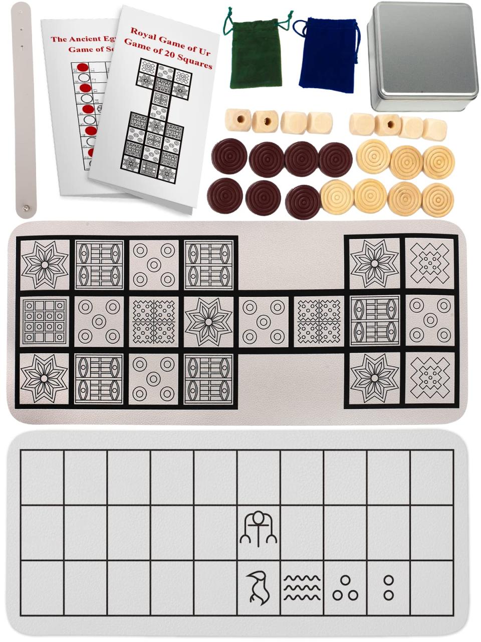 Amazon.Com: Ancient Board Game：Royal Game Of Ur & Senet Game. 1 Board + 8  Wooden Dice + 14 Wooden Pieces + 2 Game Instructions + 1 Metal Box For  Storage And 2