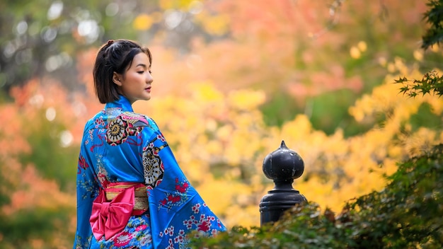 일본 가을 시즌에 공원에 서 있는 일본 파란색 기모노 패션 역사를 입은 젊은 아시아 여성의 초상화 | 프리미엄 사진